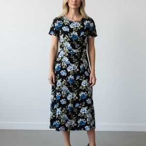 Banana Republic Black Midi Dress with Blue Floral Print